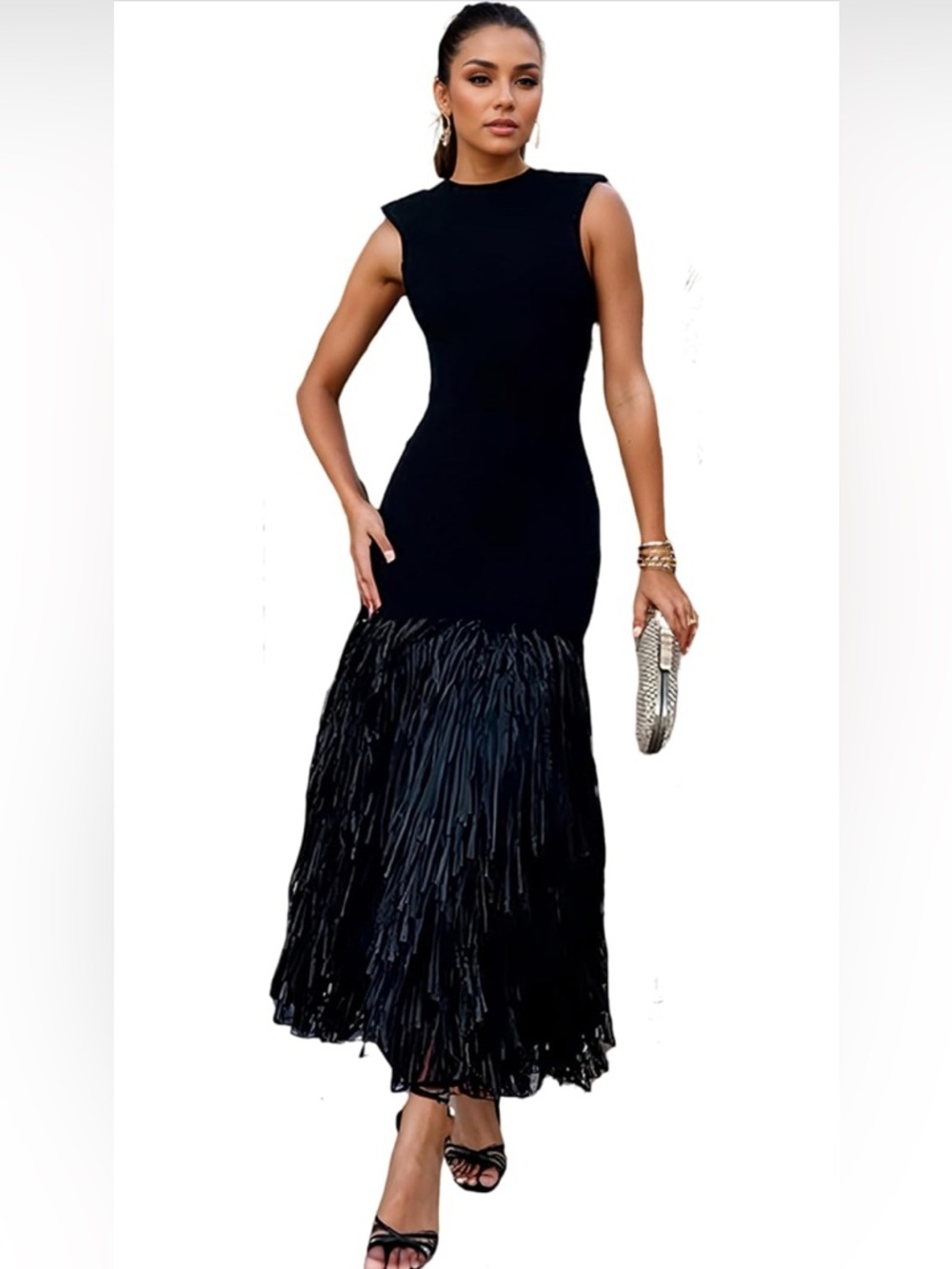 Black Sleeveless Fringe Hem Midi Maxi Dress Open Back Elegant Evening Dress